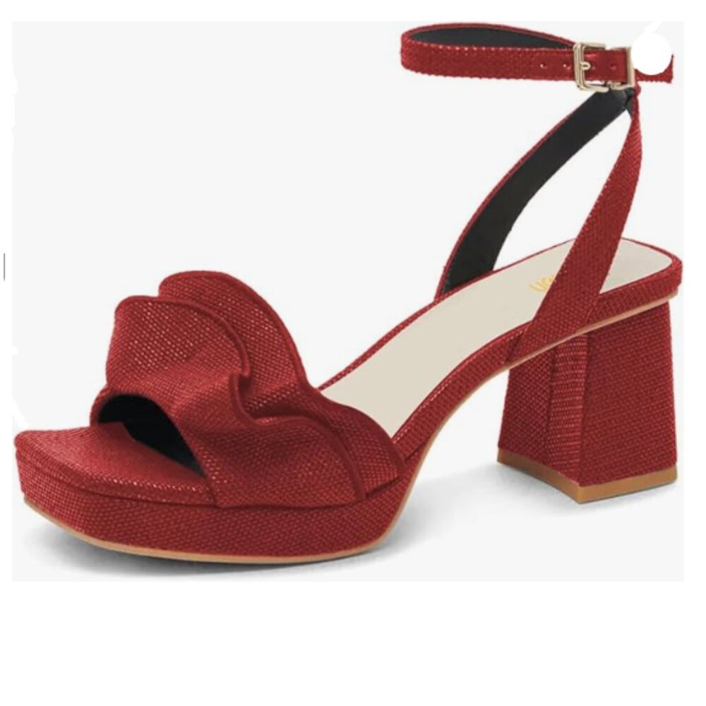 Pazzion Red Platform Square Toe Pleated Ruffle Block Heel Strap Buckle Sandal